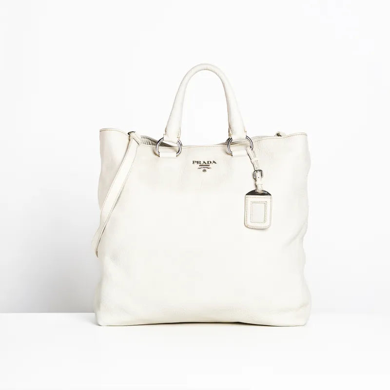 Prada Large Vitello Daino Shopping Tote Bag in White