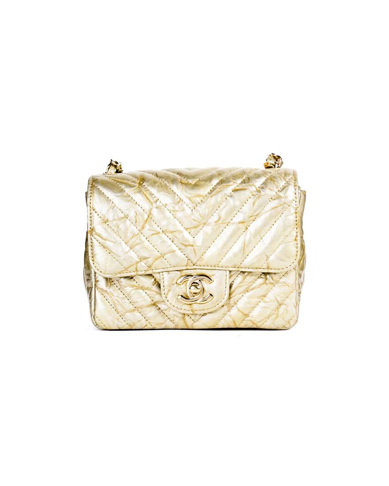 Chanel Patent Metallic Crumpled Calfskin Chevron Quilted Mini Square F