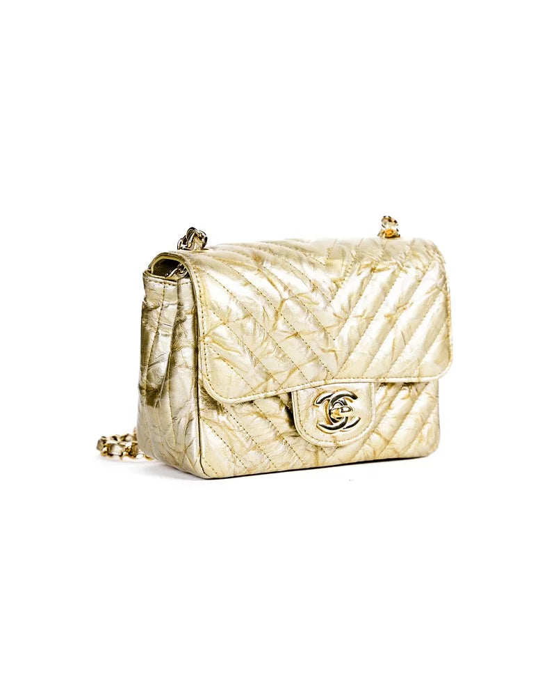 Chanel Patent Metallic Crumpled Calfskin Chevron Quilted Mini Square Flap Gold