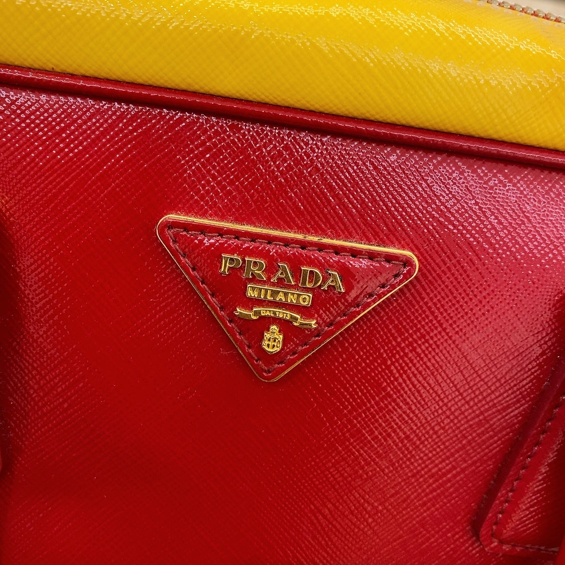 Prada Red & Yellow Saffiano Bicolor Double Top Handle Totebag