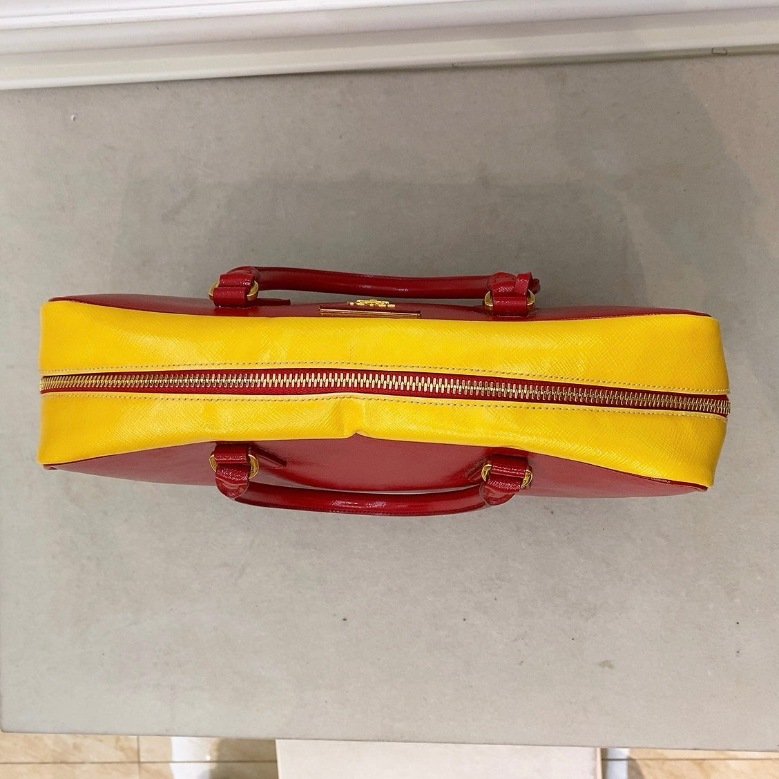 Prada Red & Yellow Saffiano Bicolor Double Top Handle Totebag