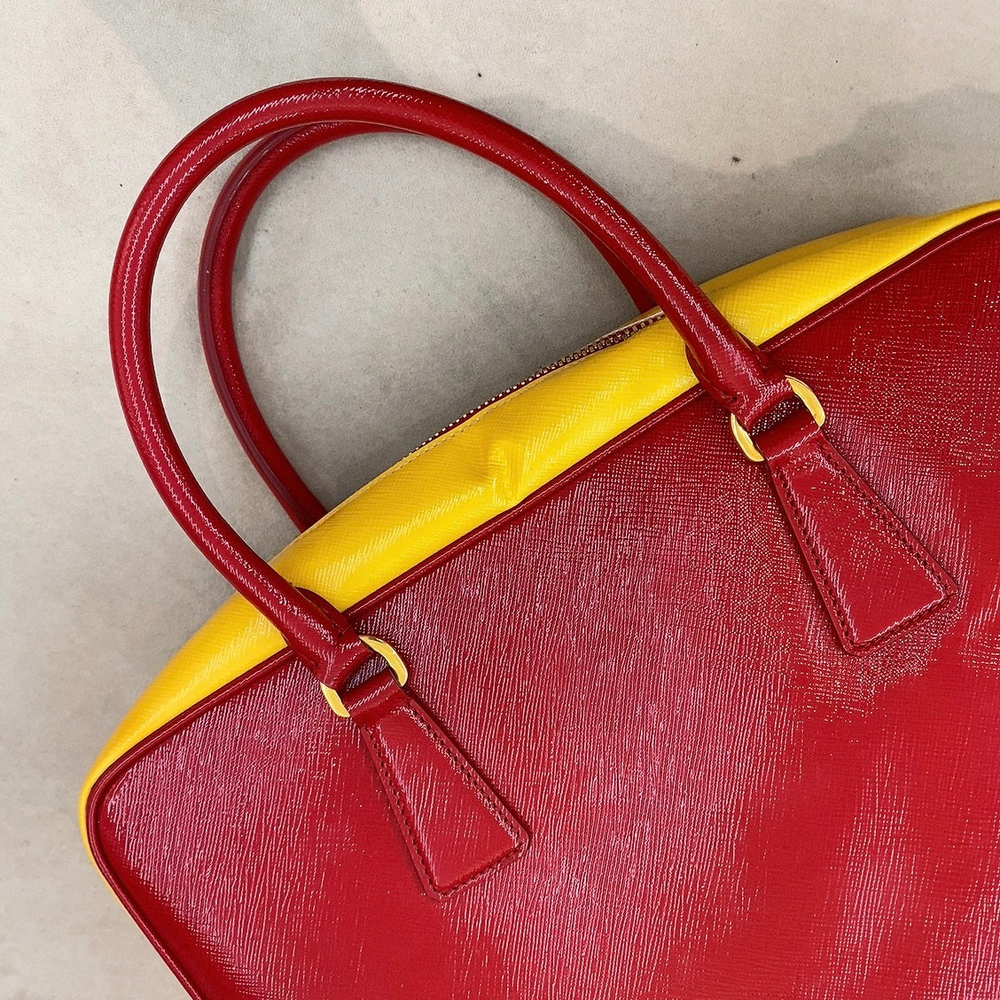 Prada Red & Yellow Saffiano Bicolor Double Top Handle Totebag