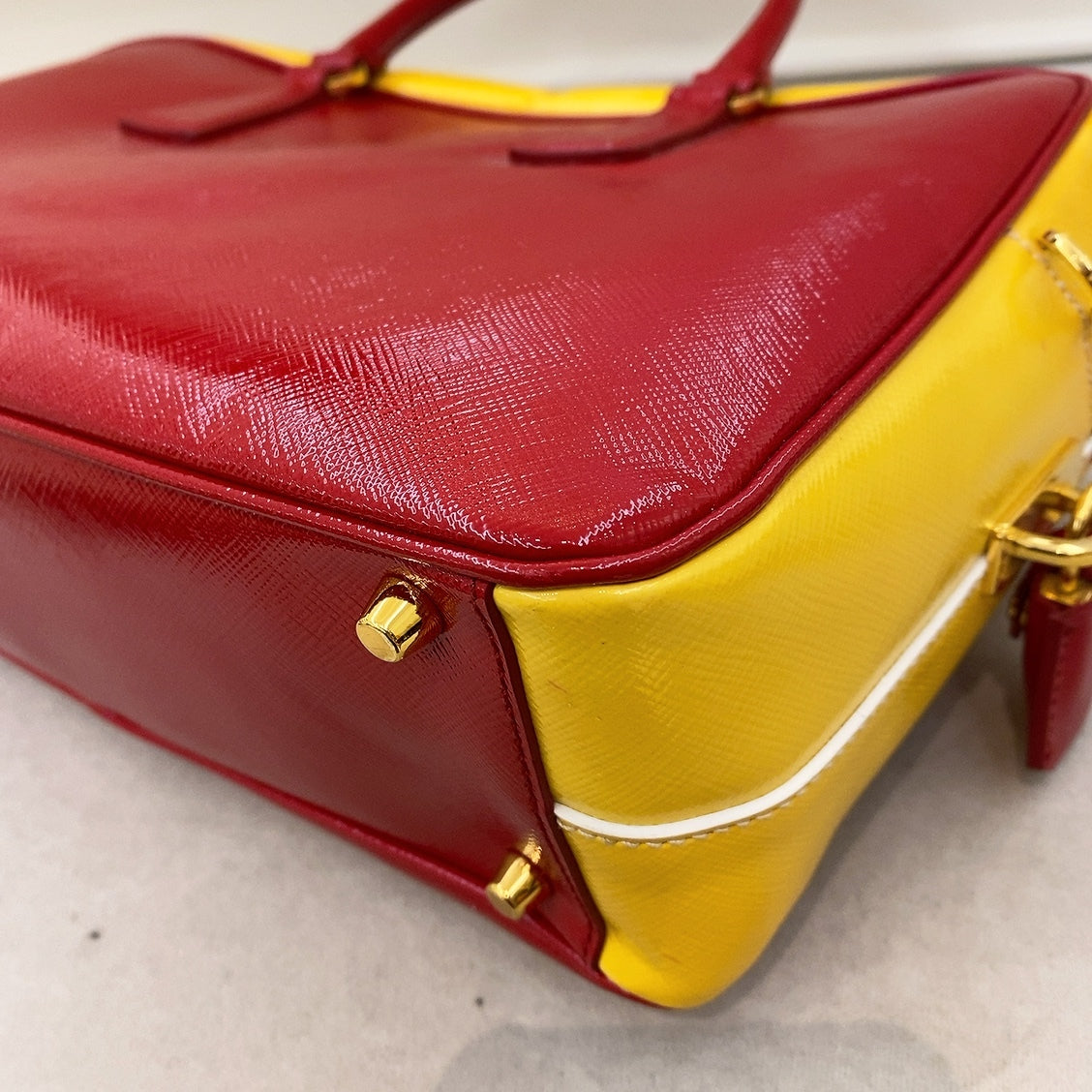 Prada Red & Yellow Saffiano Bicolor Double Top Handle Totebag