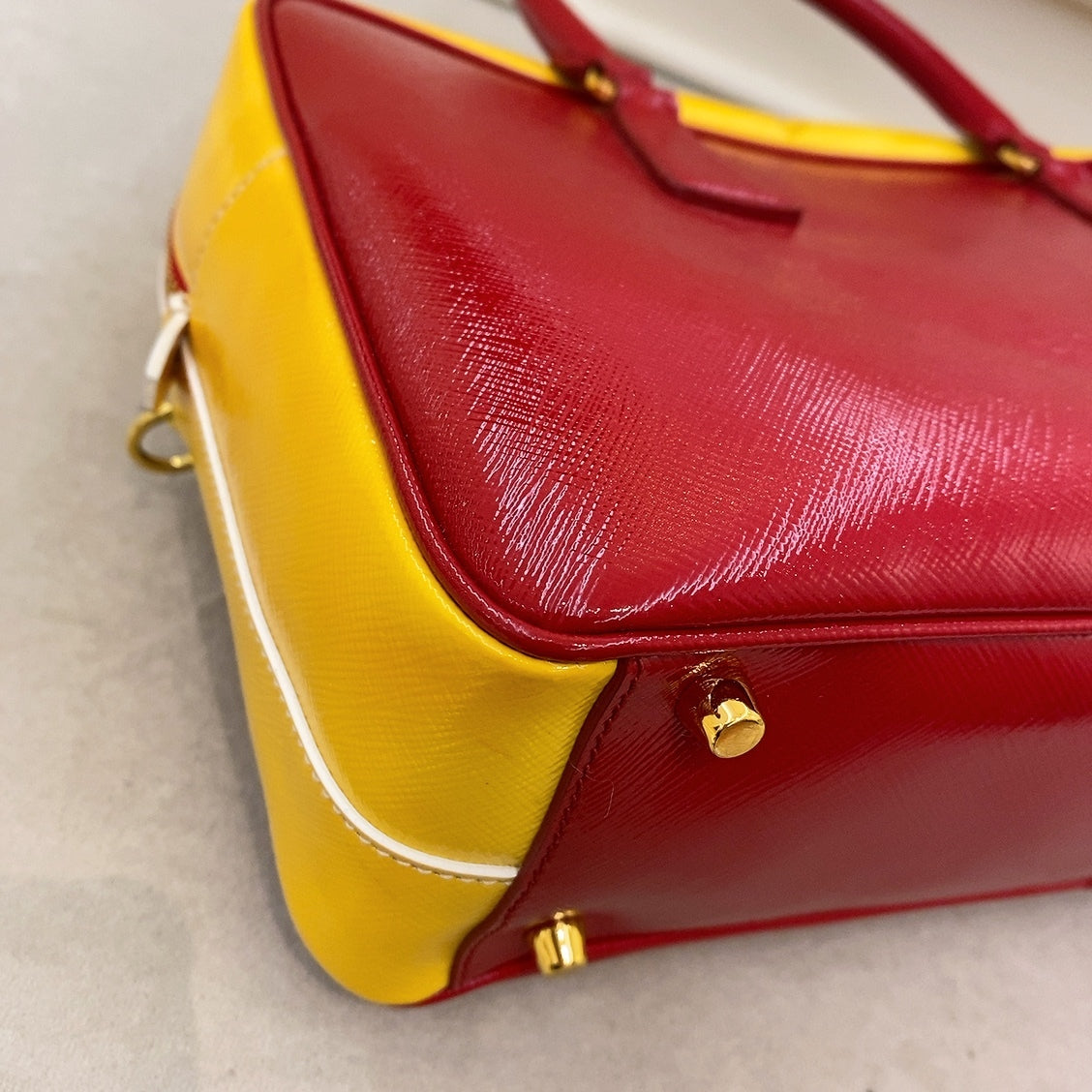 Prada Red & Yellow Saffiano Bicolor Double Top Handle Totebag