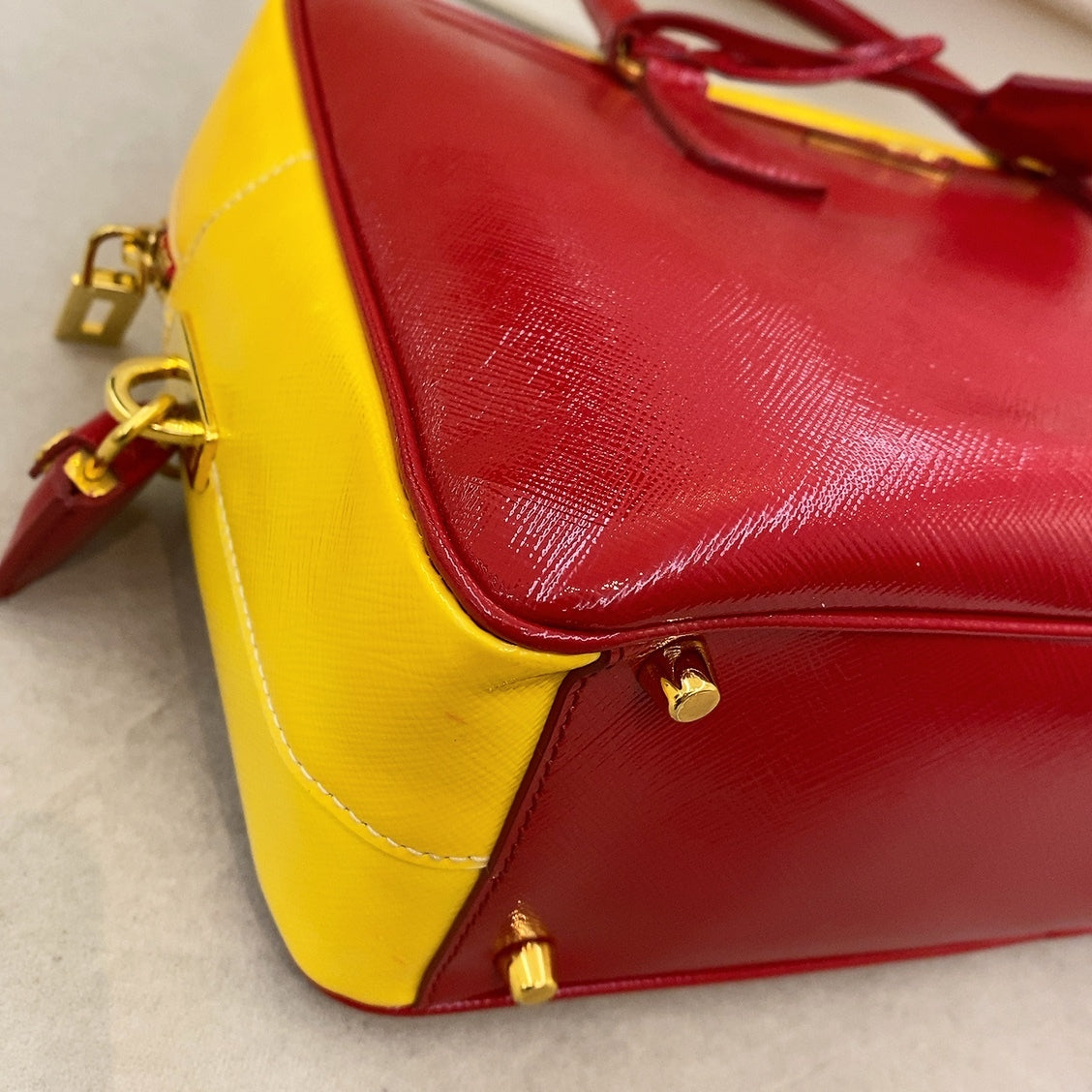 Prada Red & Yellow Saffiano Bicolor Double Top Handle Totebag