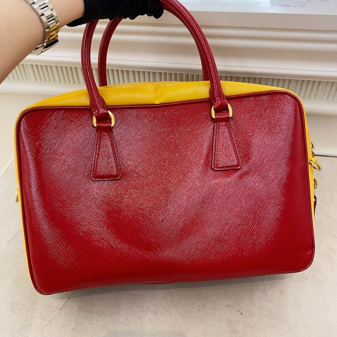 Prada Red & Yellow Saffiano Bicolor Double Top Handle Totebag