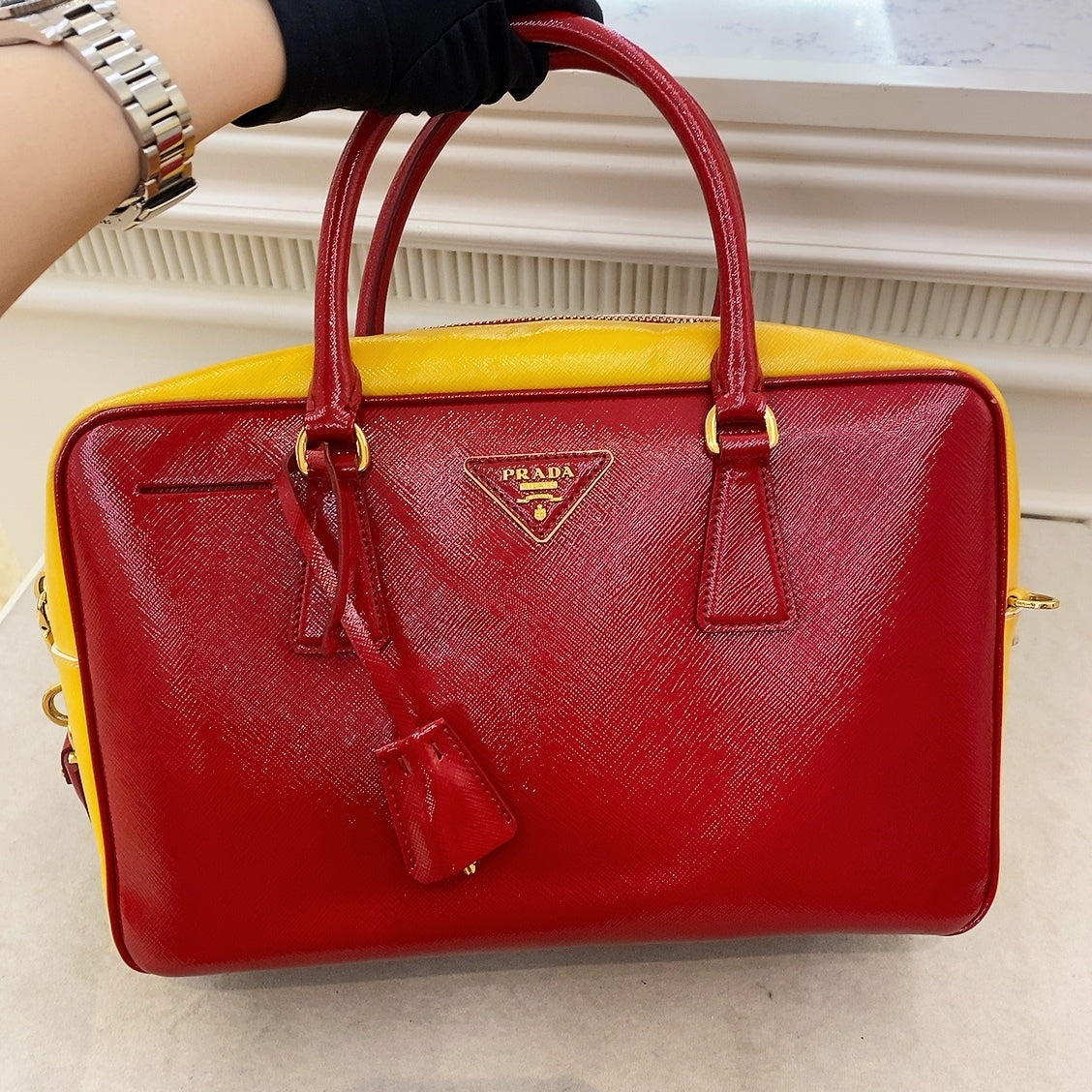 Prada Red & Yellow Saffiano Bicolor Double Top Handle Totebag