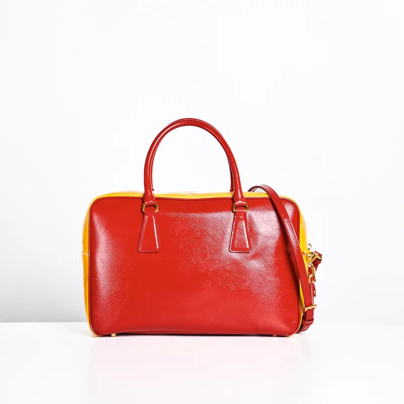 Prada Red & Yellow Saffiano Bicolor Double Top Handle Totebag