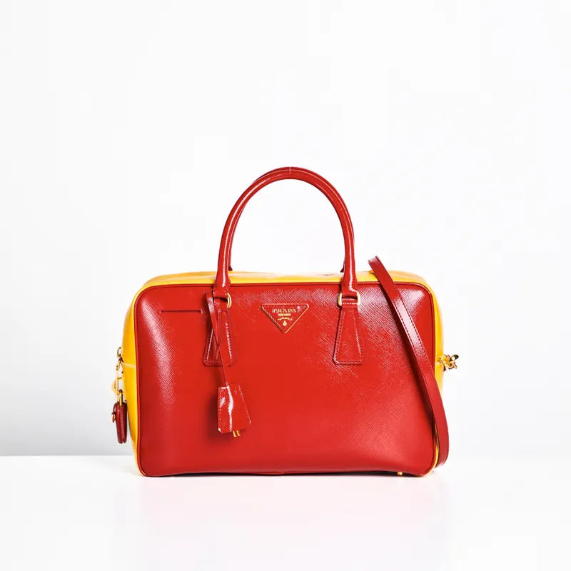 Prada Red & Yellow Saffiano Bicolor Double Top Handle Totebag