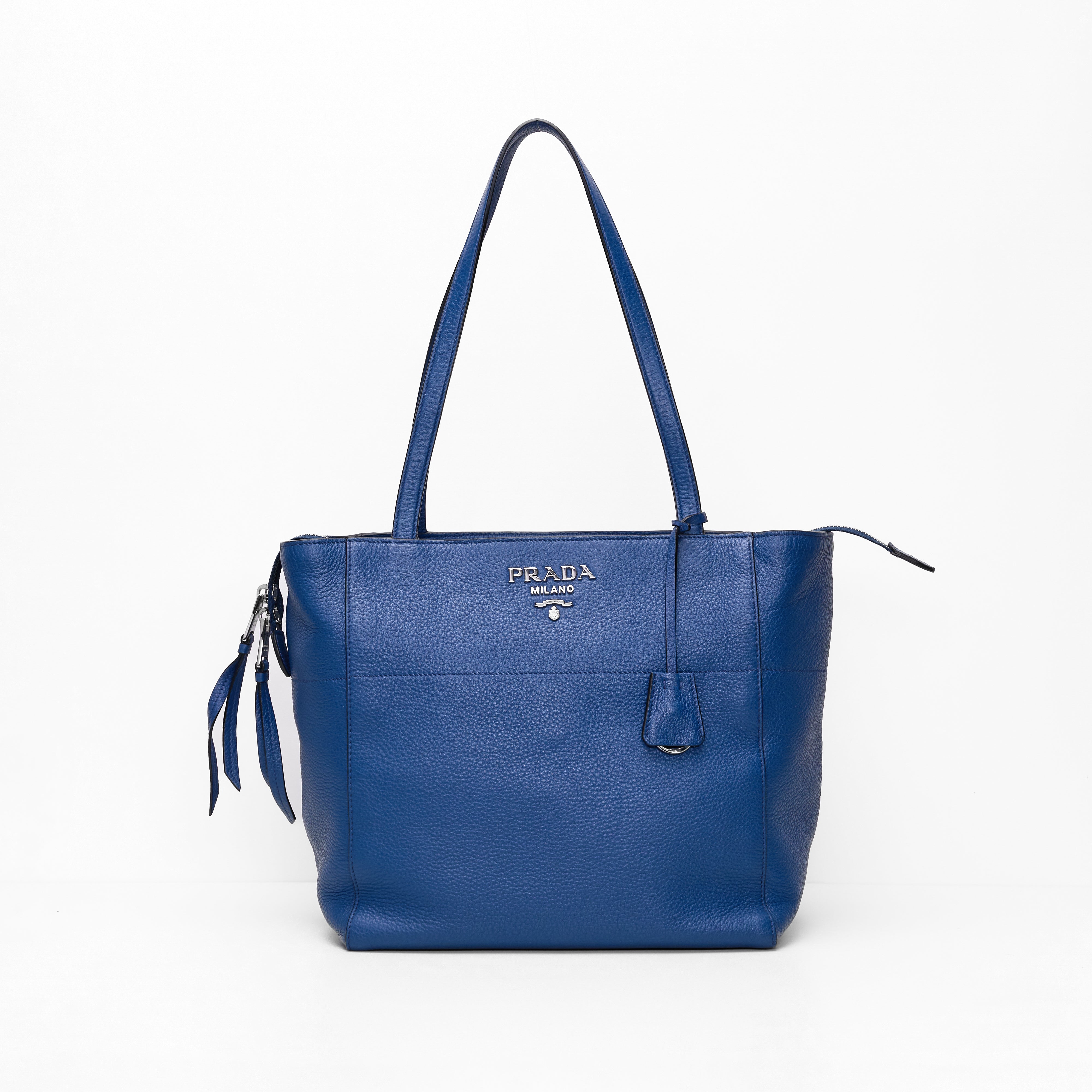 Prada Logo Plate Blue Leather Tote Bag