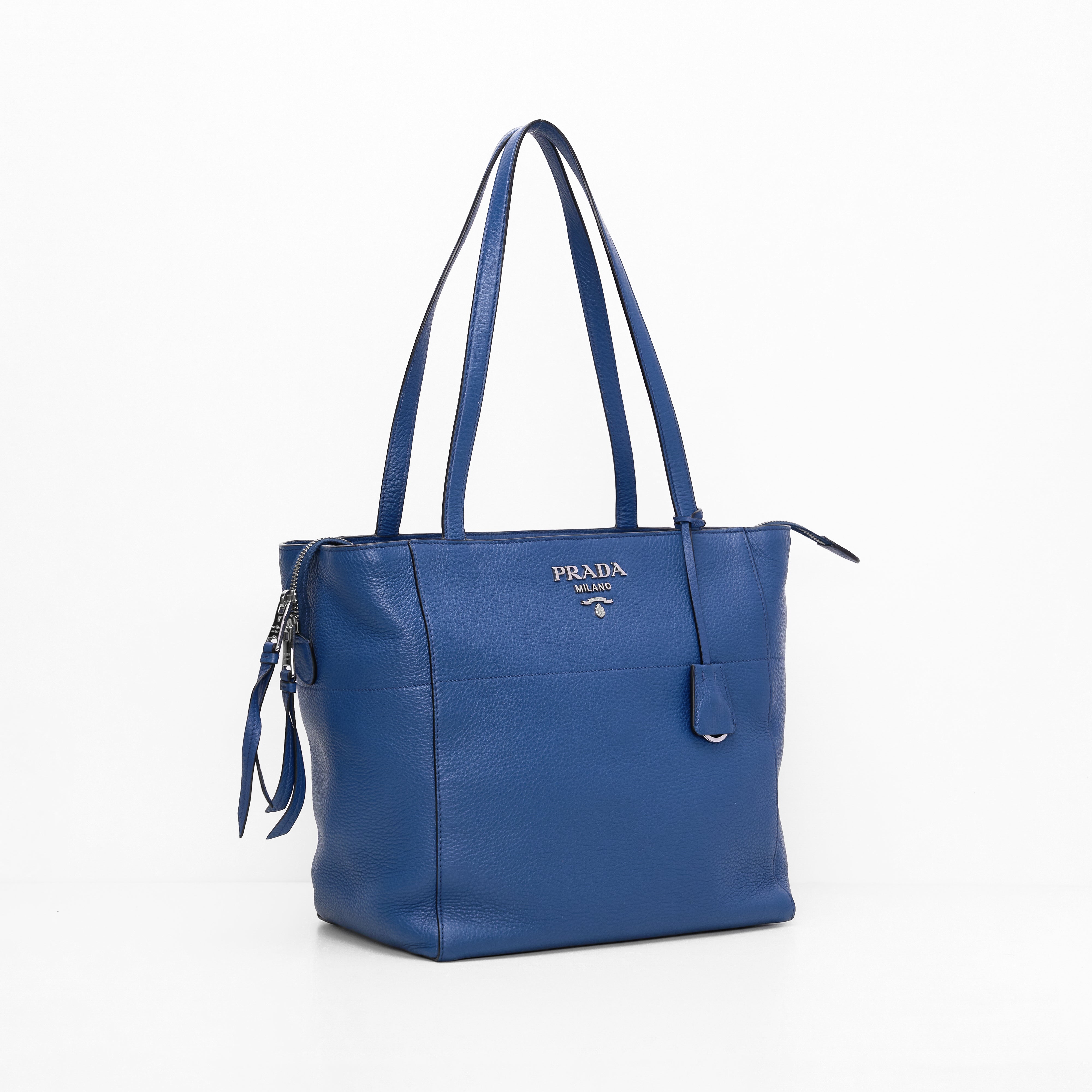 Prada Logo Plate Blue Leather Tote Bag