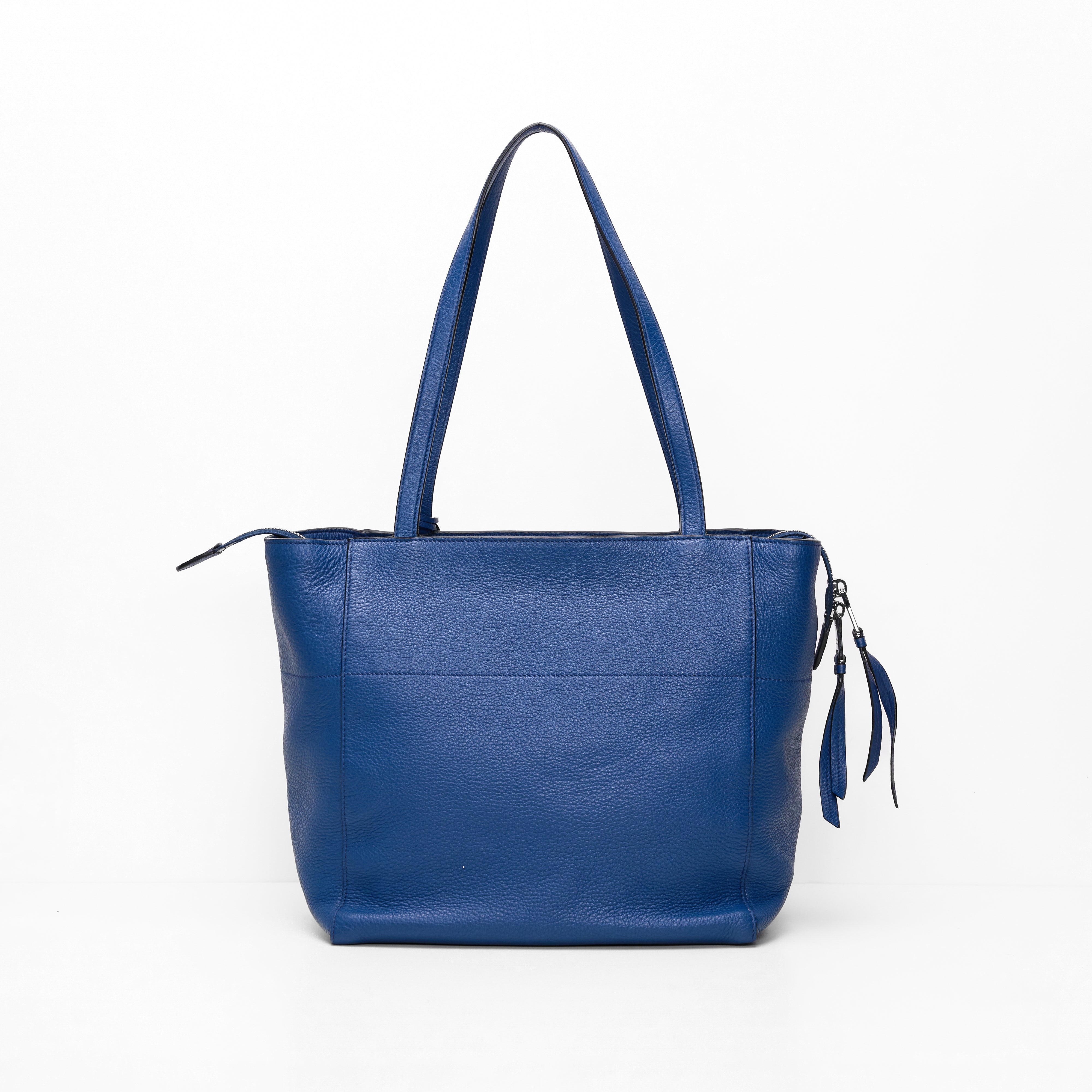 Prada Logo Plate Blue Leather Tote Bag