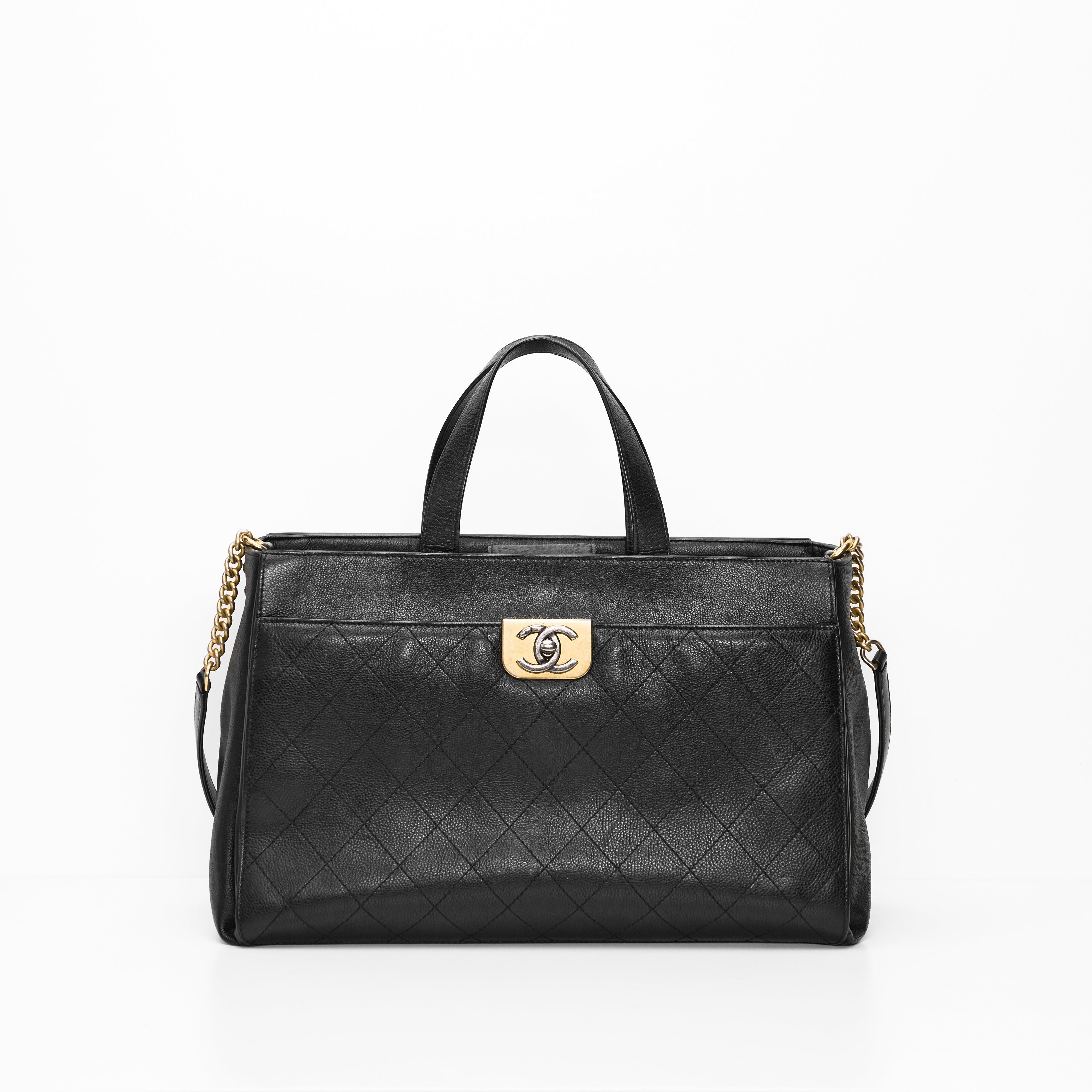 Chanel Black Quilted Caviar Leather Straight Line Tote Bag