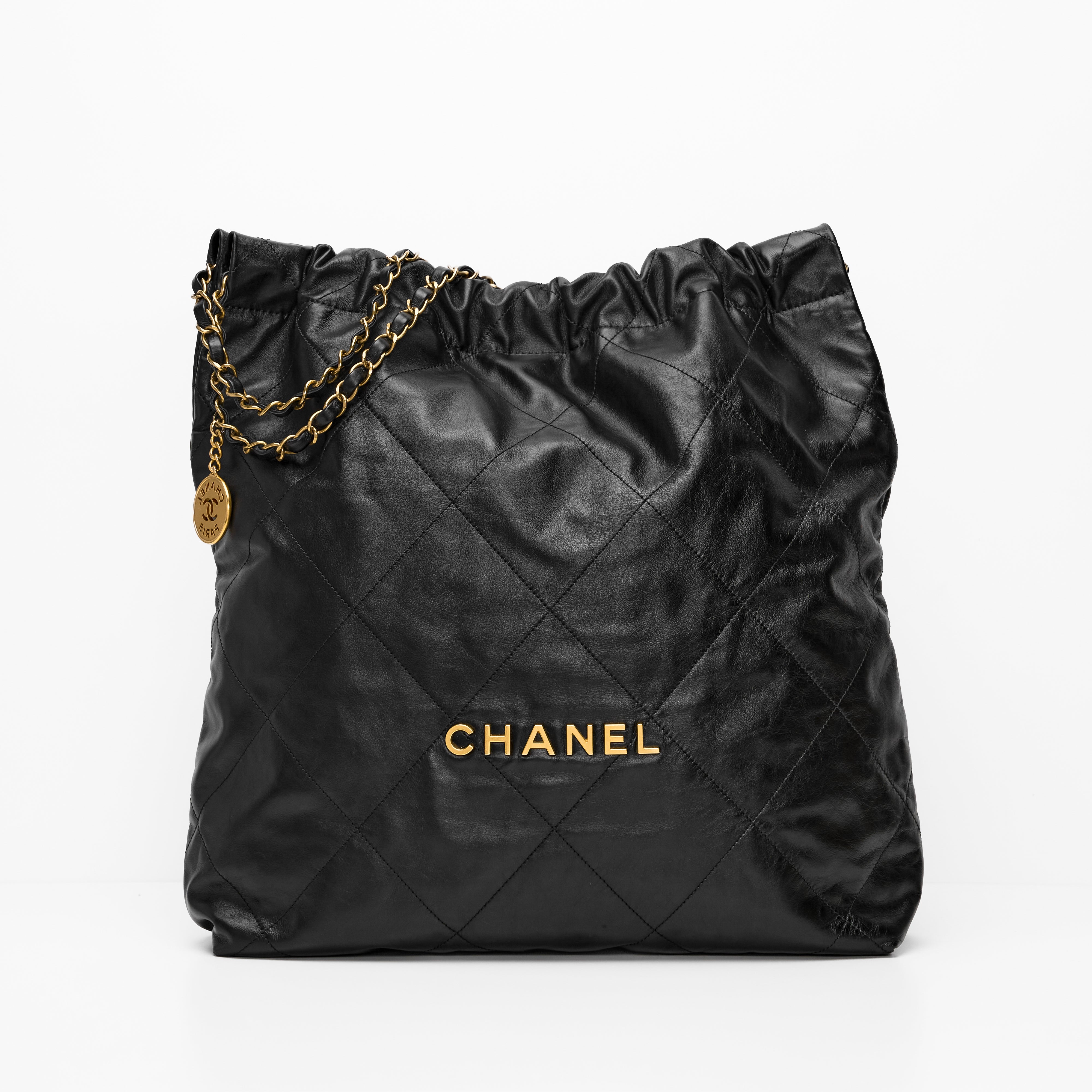 Chanel 22 Large Handbag Shiny Calfskin & Gold Tone Metal Black
