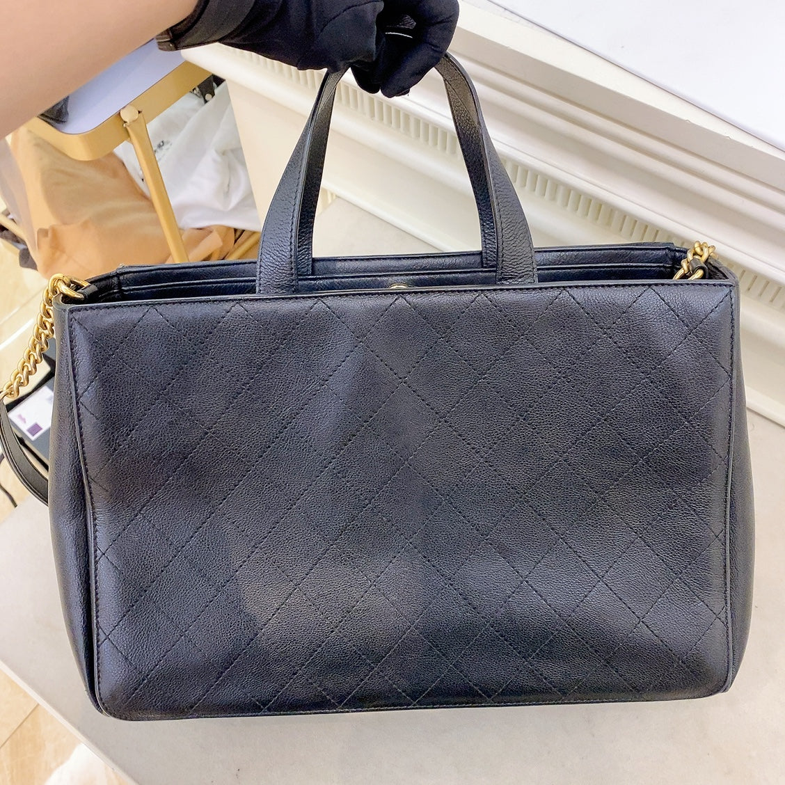 Chanel Black Quilted Caviar Leather Straight Line Tote Bag