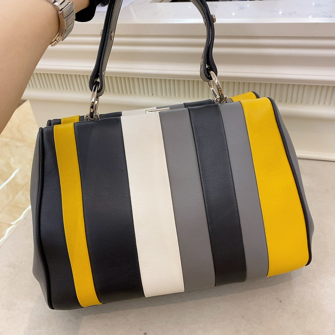 Prada Baiadera Frame Striped Leather Tote Bag