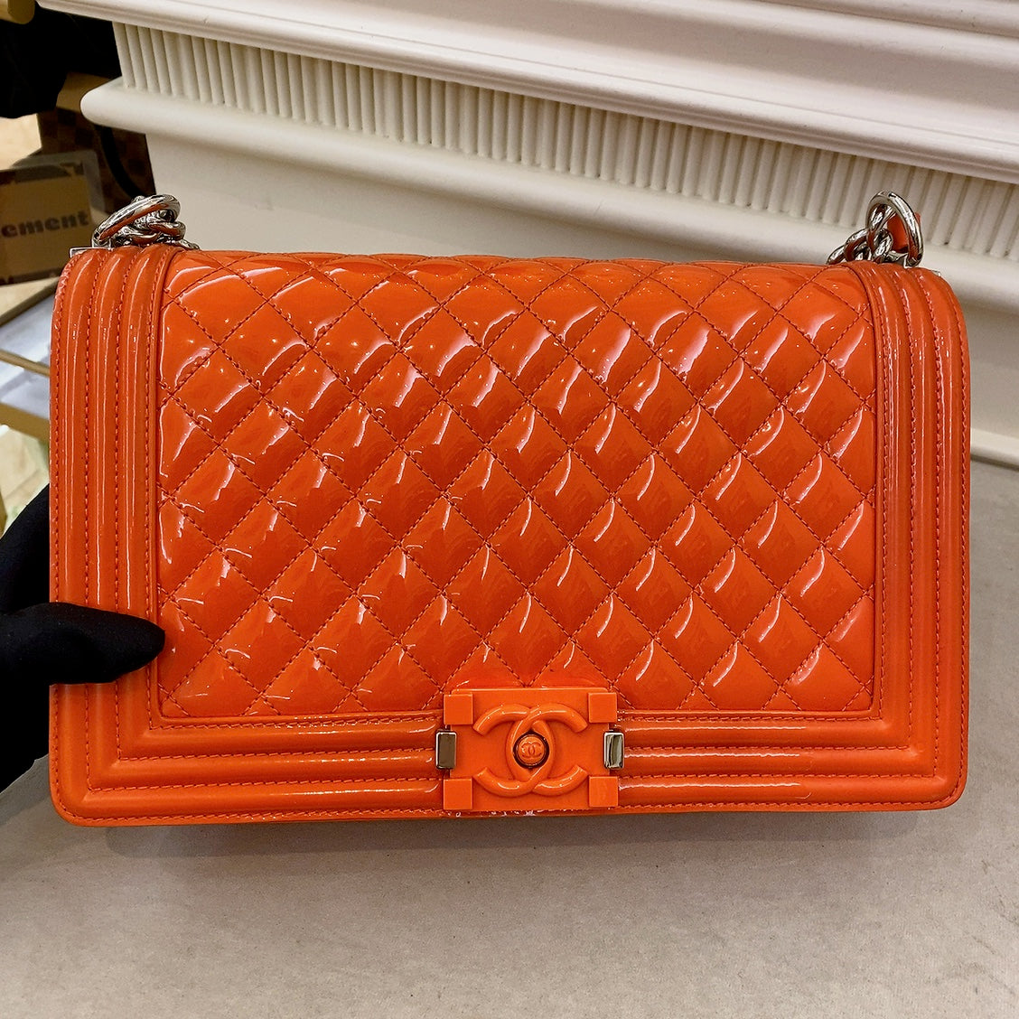 Chanel Patent Skin Quilted Old Medium Boy Flap Orange