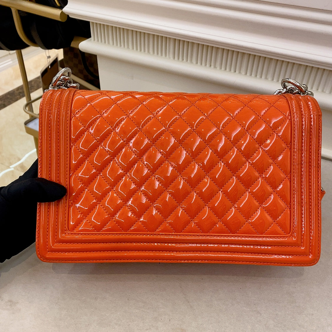 Chanel Patent Skin Quilted Old Medium Boy Flap Orange