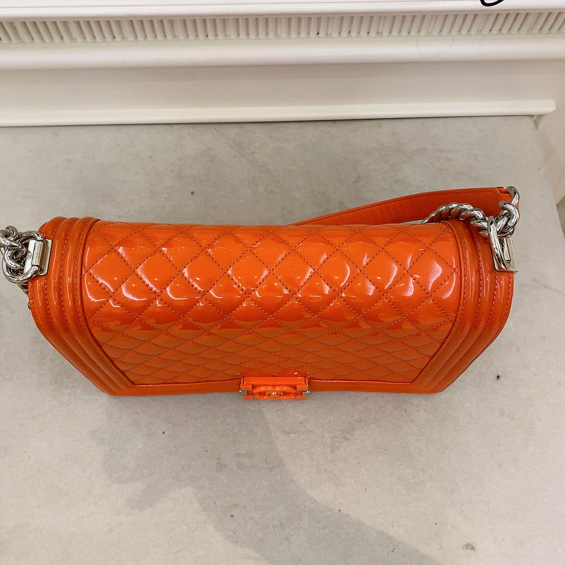 Chanel Patent Skin Quilted Old Medium Boy Flap Orange