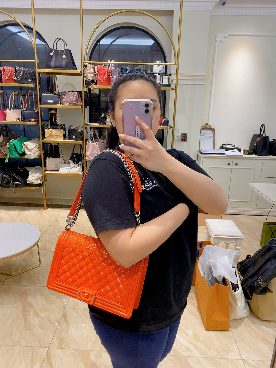 Chanel Patent Skin Quilted Old Medium Boy Flap Orange