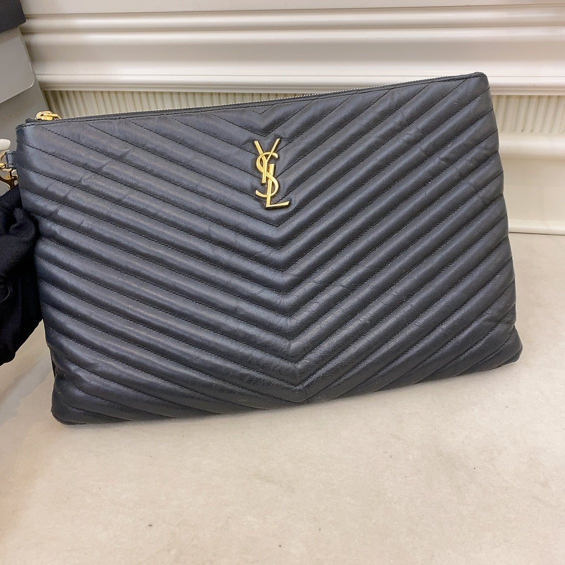 YSL Large Chevron Clutch in Black