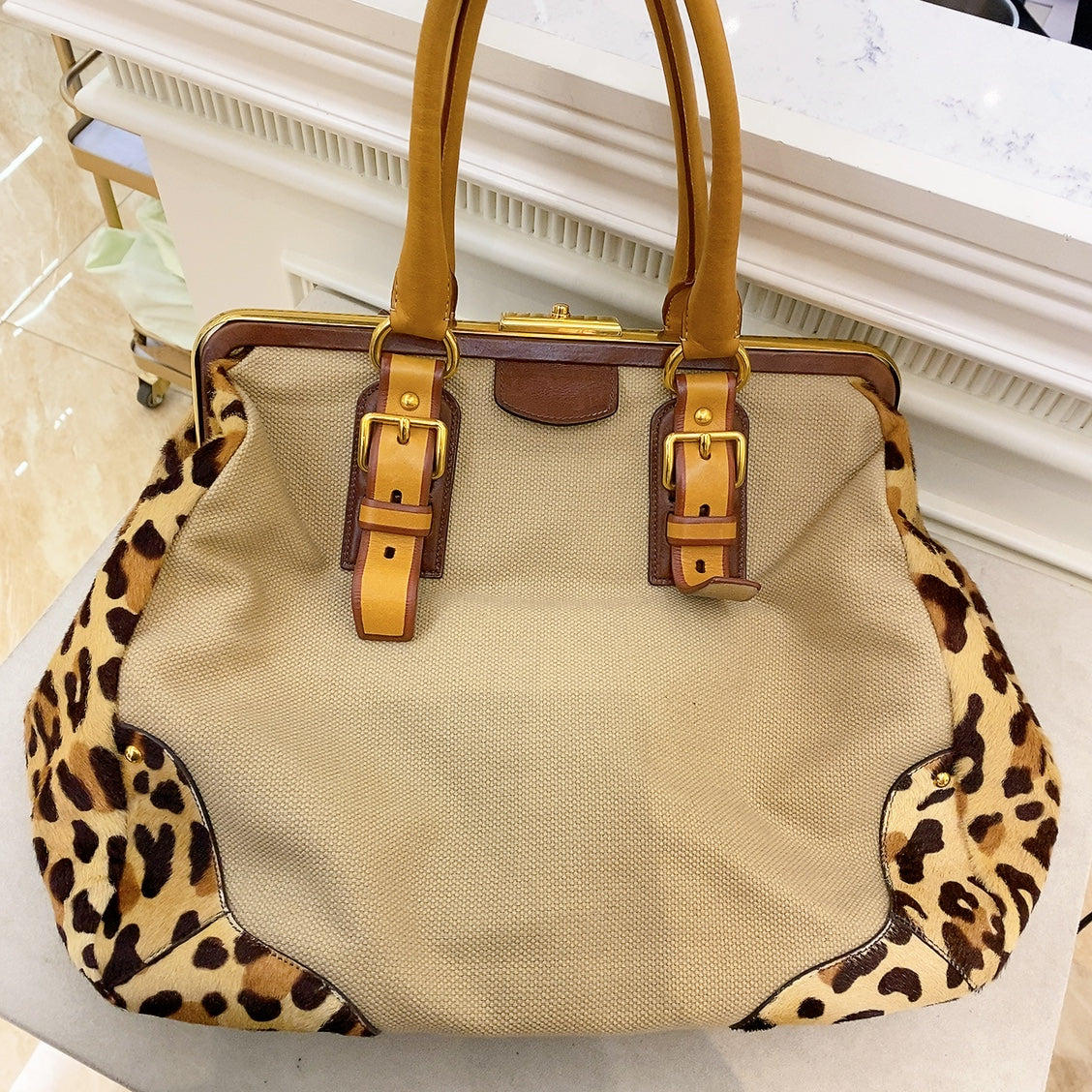 Prada Canapa Cavallino Leopard Frame Bag