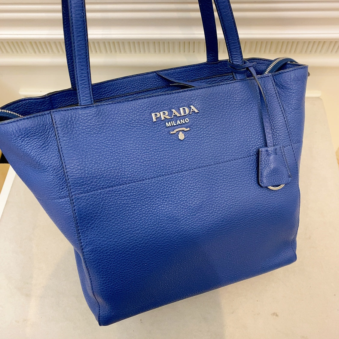 Prada Logo Plate Blue Leather Tote Bag