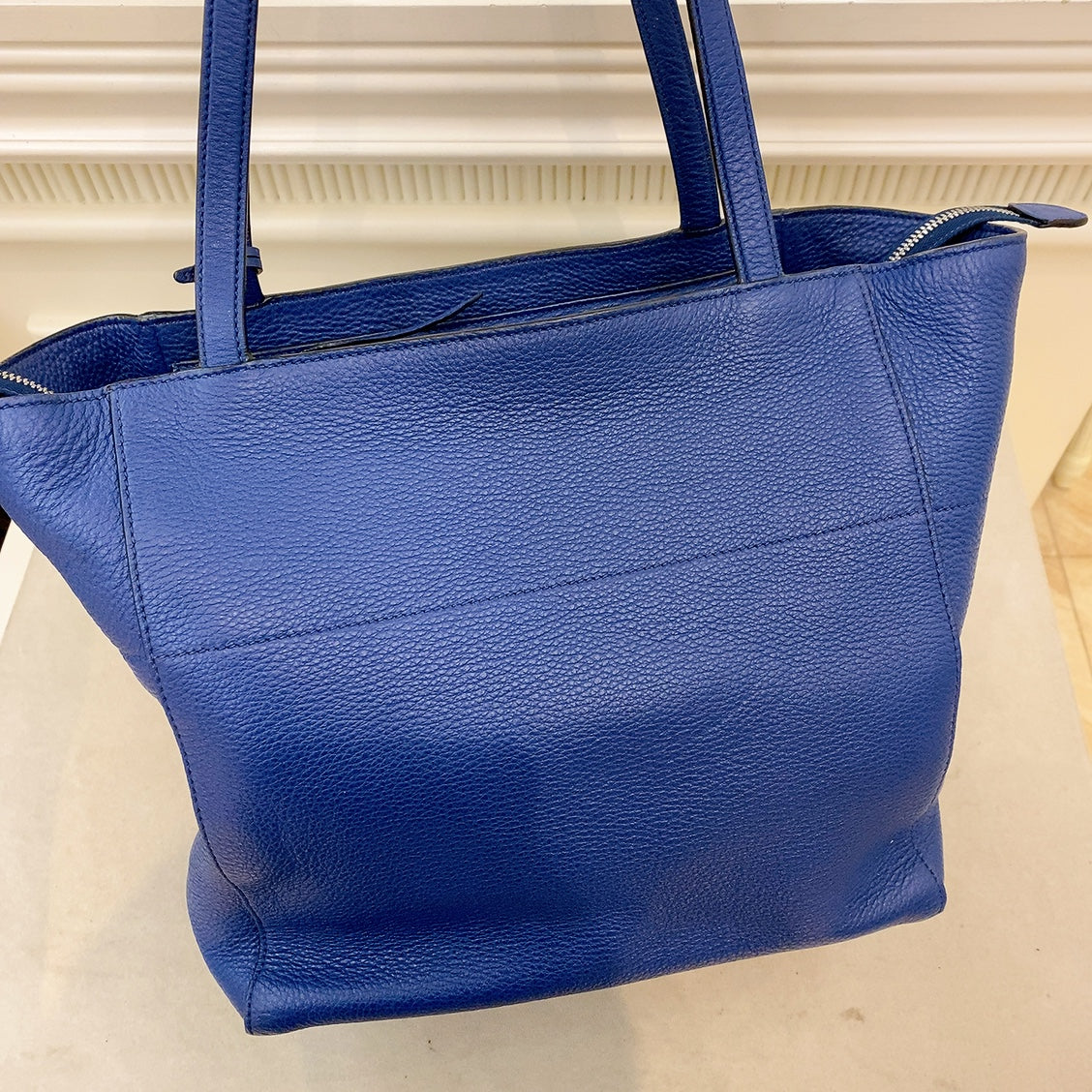 Prada Logo Plate Blue Leather Tote Bag