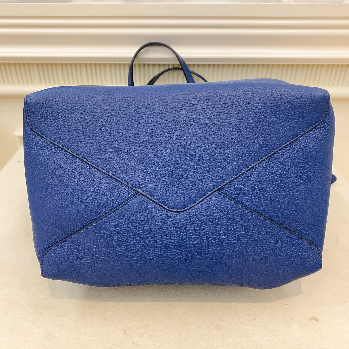 Prada Logo Plate Blue Leather Tote Bag