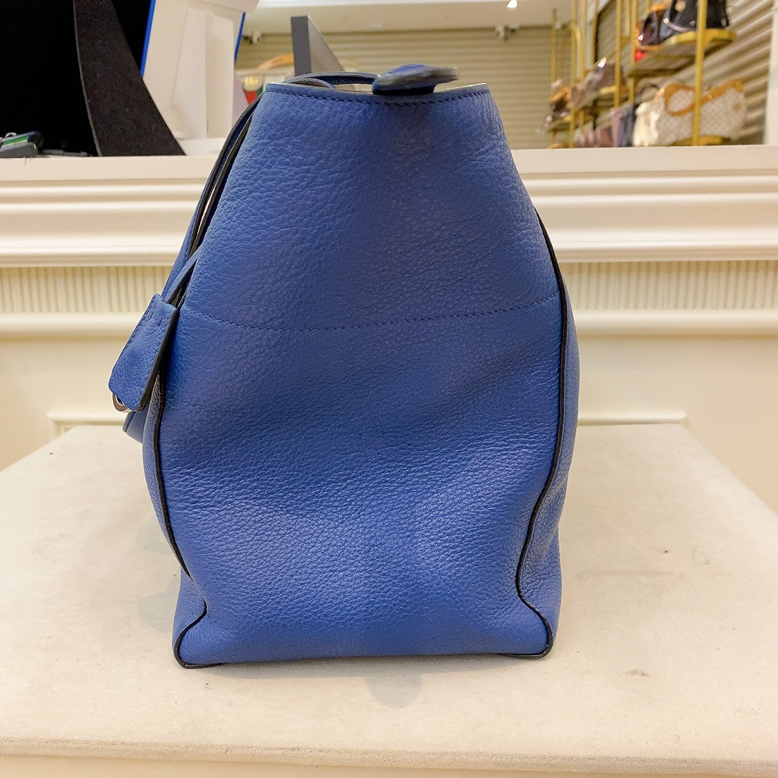 Prada Logo Plate Blue Leather Tote Bag