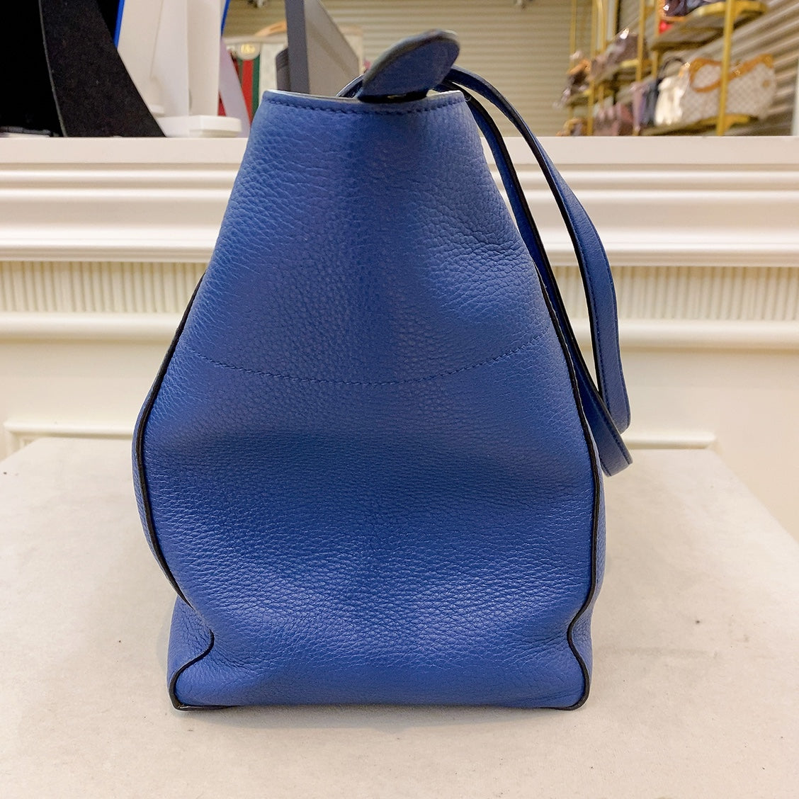 Prada Logo Plate Blue Leather Tote Bag