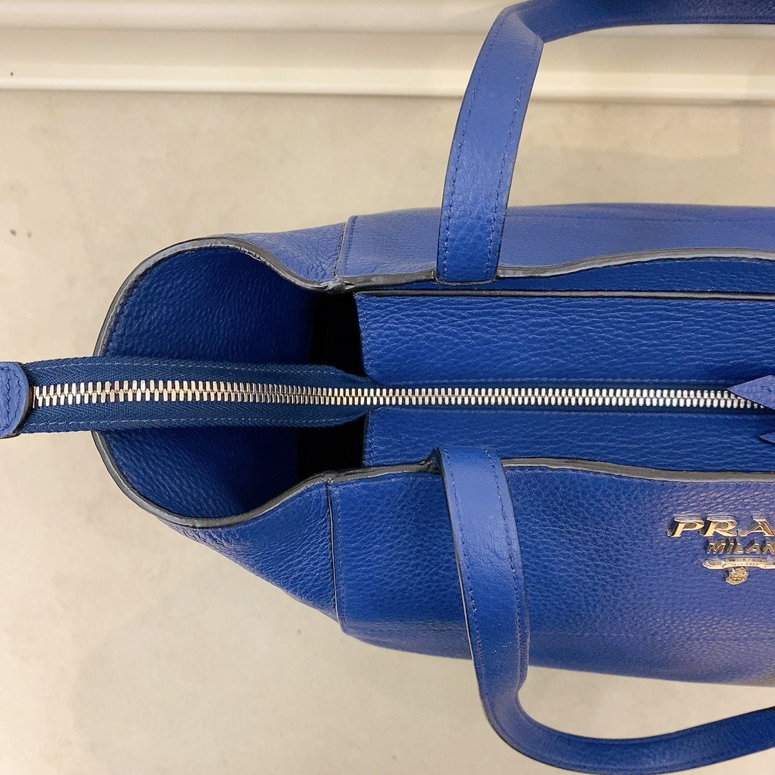 Prada Logo Plate Blue Leather Tote Bag