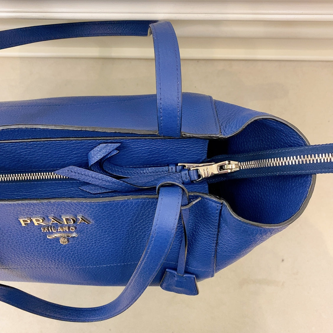 Prada Logo Plate Blue Leather Tote Bag