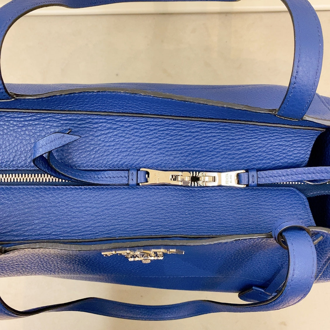 Prada Logo Plate Blue Leather Tote Bag