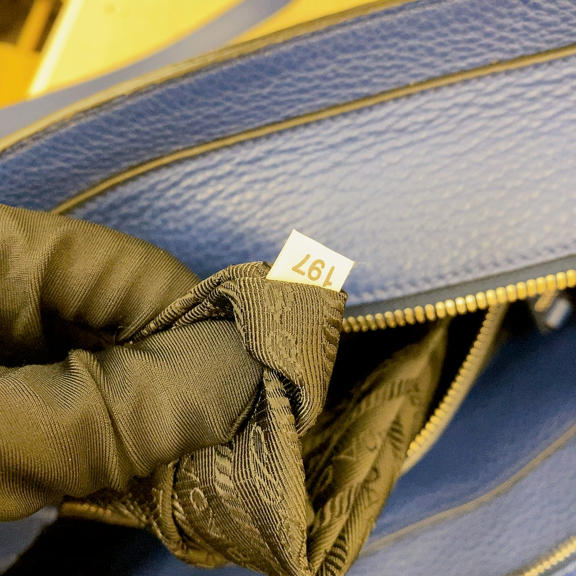 Prada Logo Plate Blue Leather Tote Bag