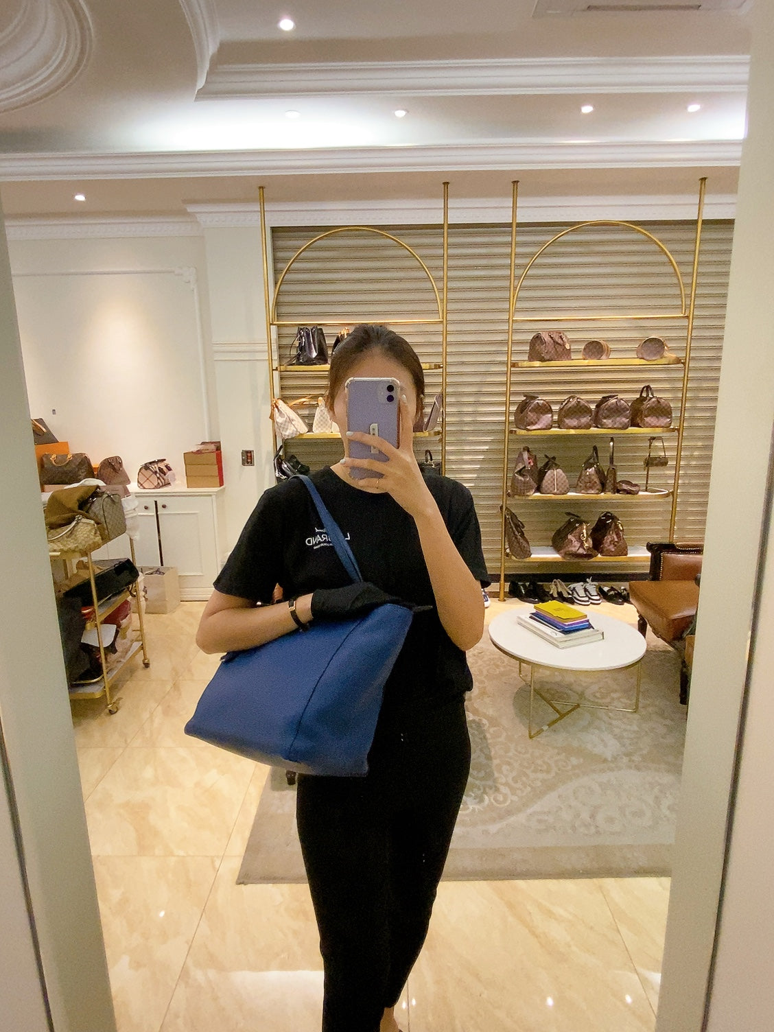 Prada Logo Plate Blue Leather Tote Bag