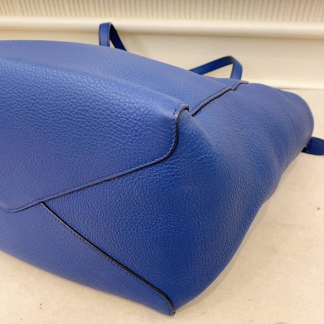 Prada Logo Plate Blue Leather Tote Bag