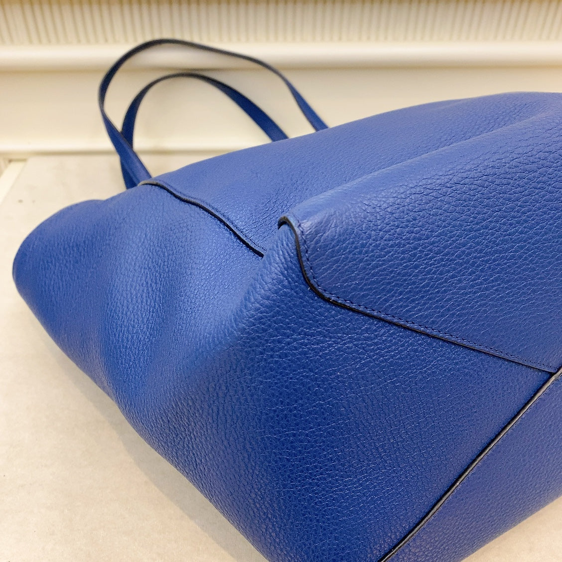 Prada Logo Plate Blue Leather Tote Bag