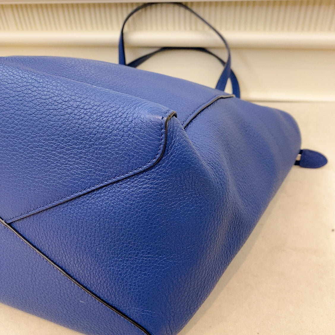 Prada Logo Plate Blue Leather Tote Bag