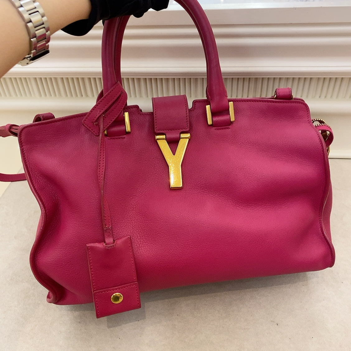 YSL Pink Smooth Calfskin Monogram Small Y Cabas Tote Bag