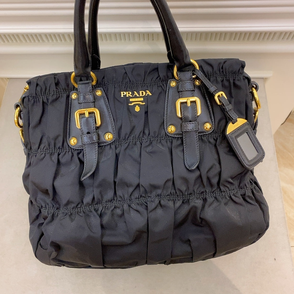 PRADA Milano Handbag Black Nappa Gaufre Nylon Top Handle Two Way Satchel Bag