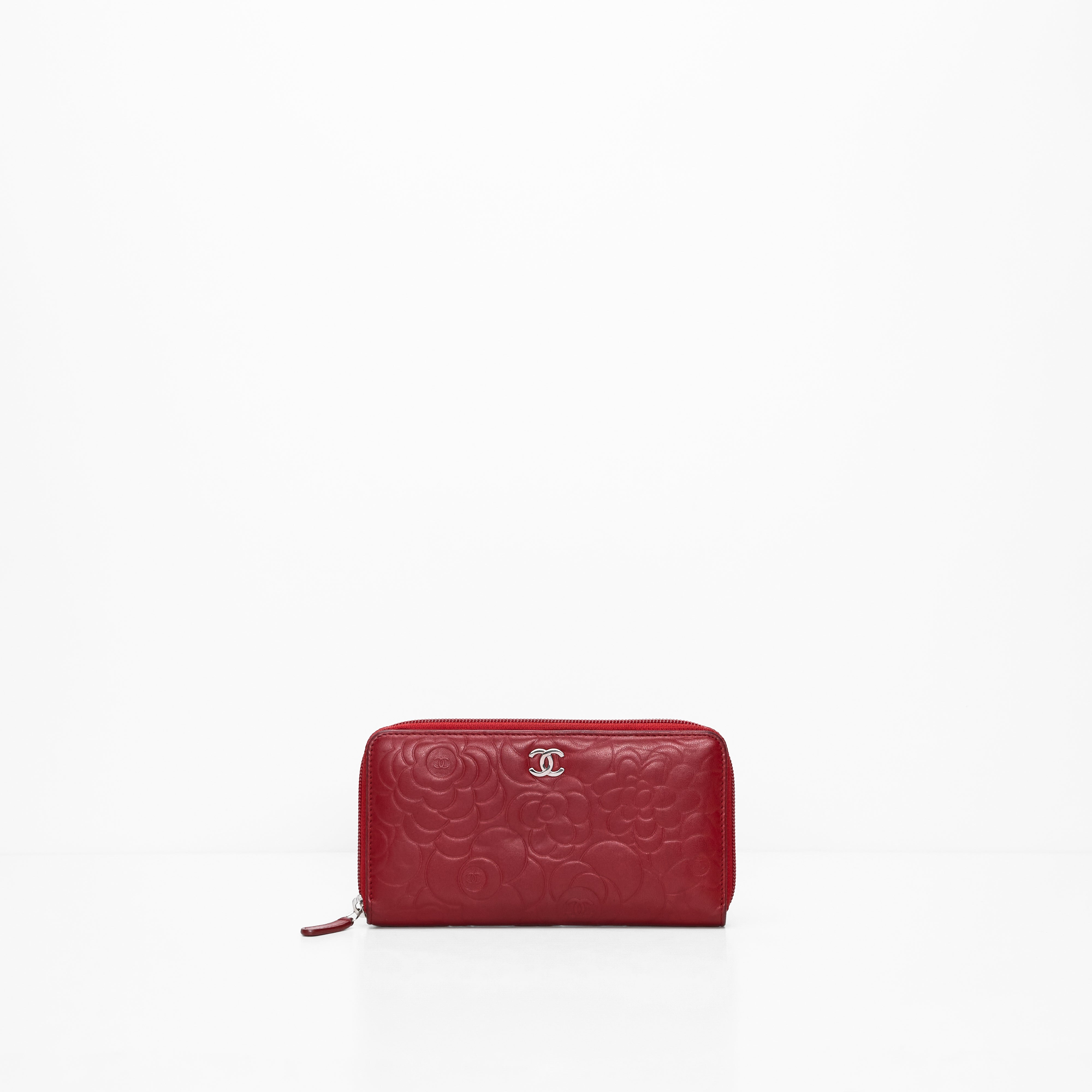 Chanel Red Embossed Camlia Ziparound Wallet