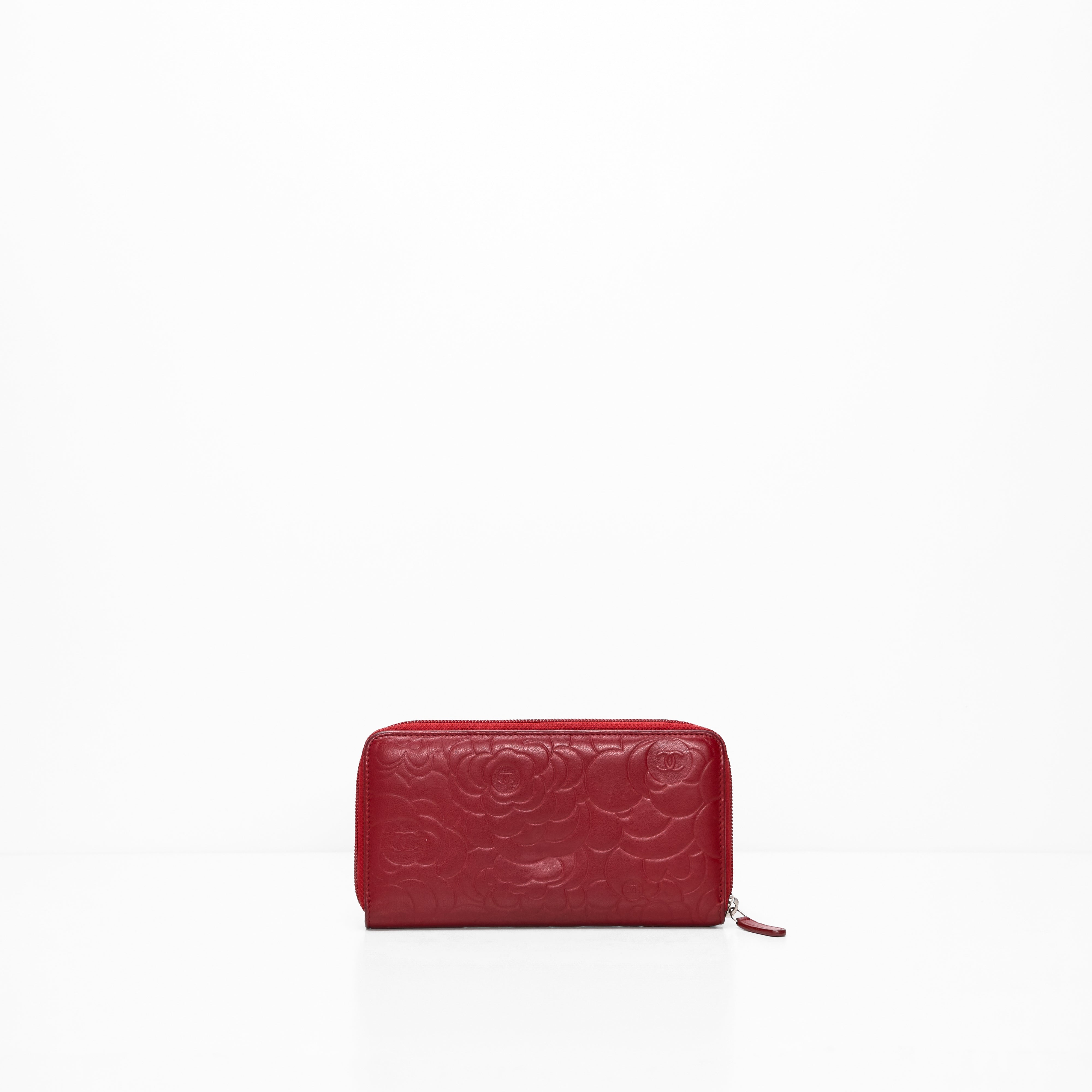 Chanel Red Embossed Camlia Ziparound Wallet